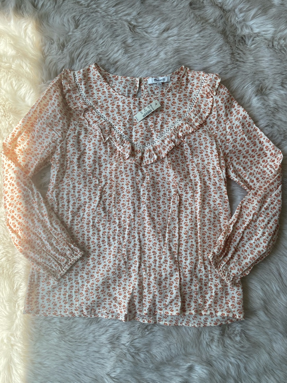 Madewell Ruffle Yoke Prairie Blouse in Orange Cutout Blooms Print - Picture 3 of 5